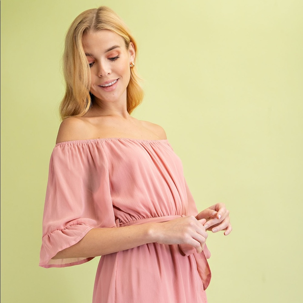 New Solid Ruffle Pink Dress off-shoulder waist string belt